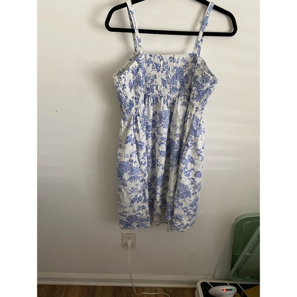 Blue White Floral Toile Smocked Linen Blend Mini Dress XL Pockets - Picture 4 of 6